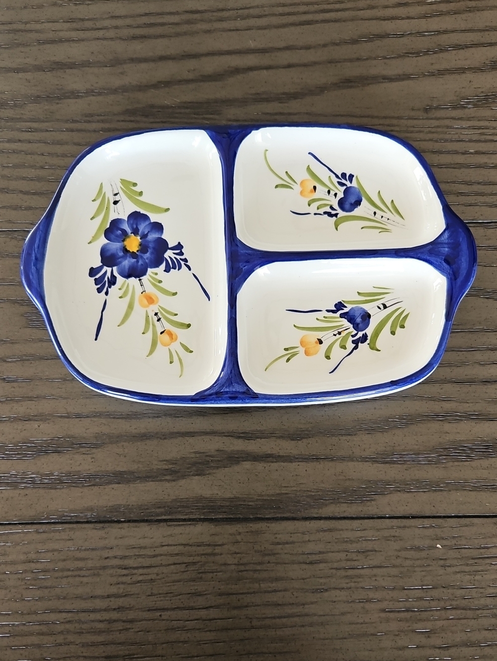 Hand-Painted Portugal Ceramic Divided Serving Dish - Blue Floral - Vintage